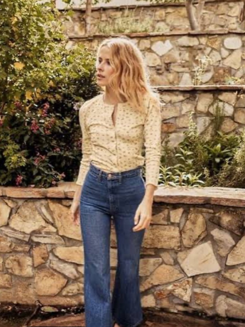 Doen Amelie Tee in Light Yellow Floral Button Up Pointelle Long Sleeve Tee